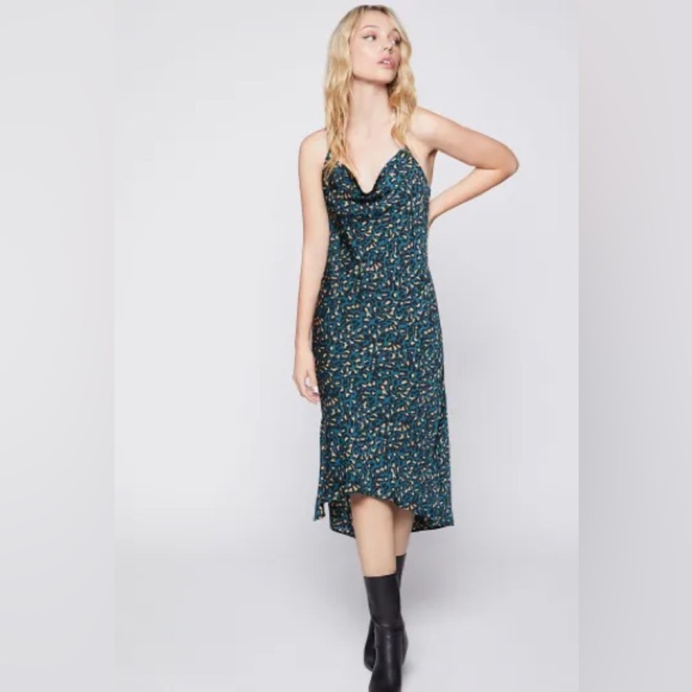 BCBGeneration Teal leopard Print Satin Midi Slip Dress Racer back NWT Size Small